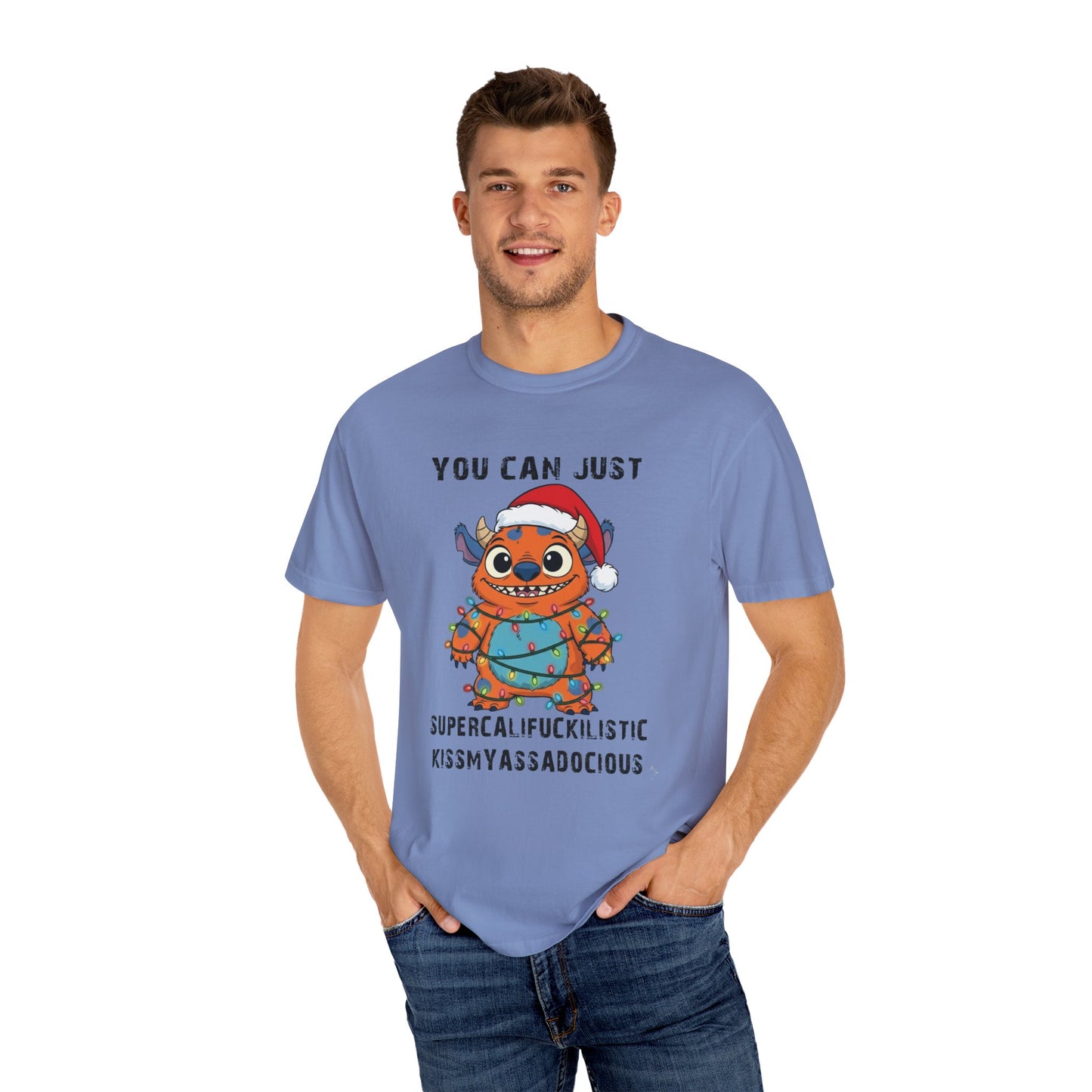 Funny Christmas Monster T-Shirt: Holiday Lights Alien Creature with Santa Hat | Adult & Kid Festive Gag Gift Tee