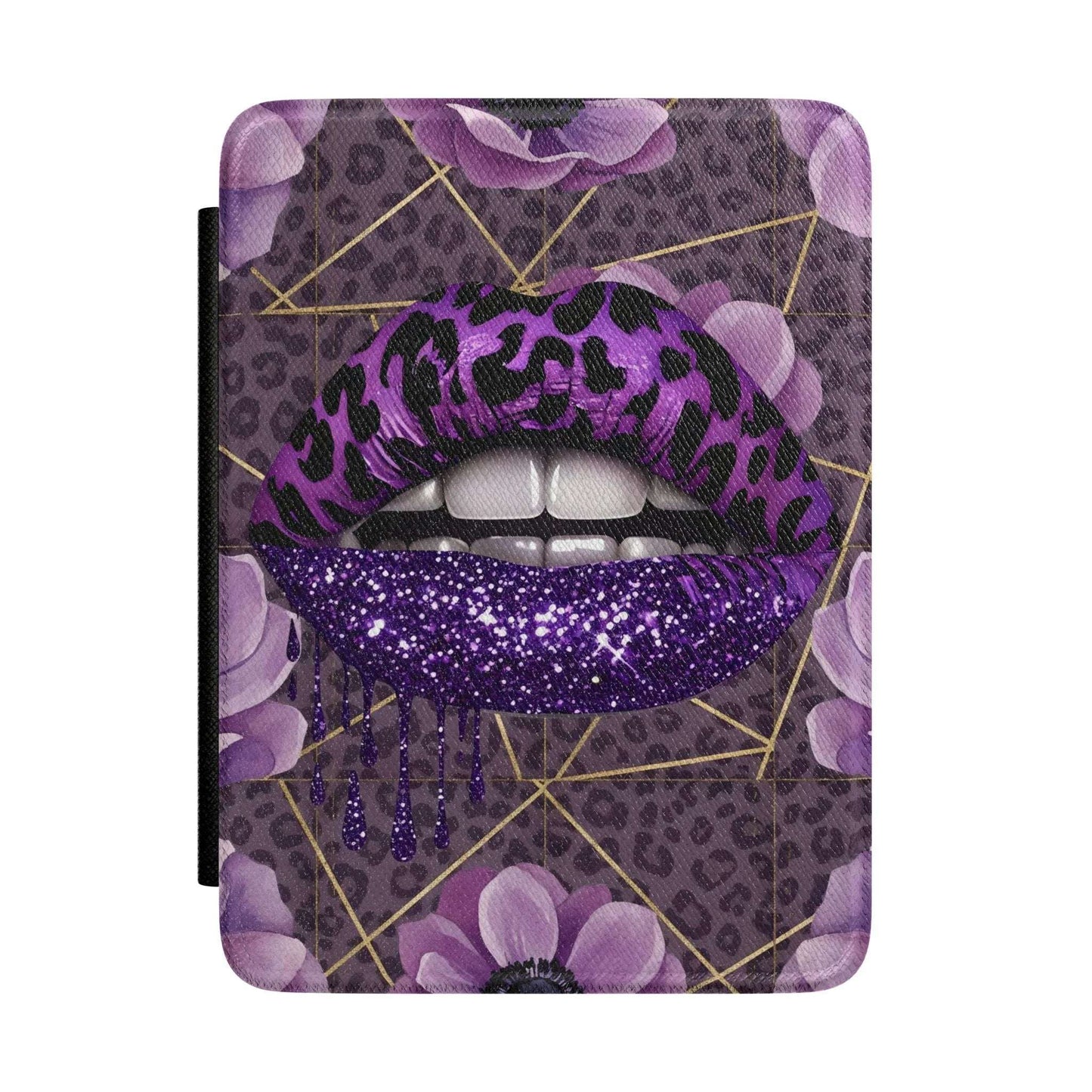 Purple Glitter Lip Kindle Case — Floral Leopard Print E-Reader Cover by Printify