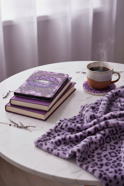Purple Leopard Handmade 7-Inch Kindle Paperwhite Case showing purple leopard kindle case artwork with purple leopard kindle case, glitter lips kindle cover, personalized kindle
