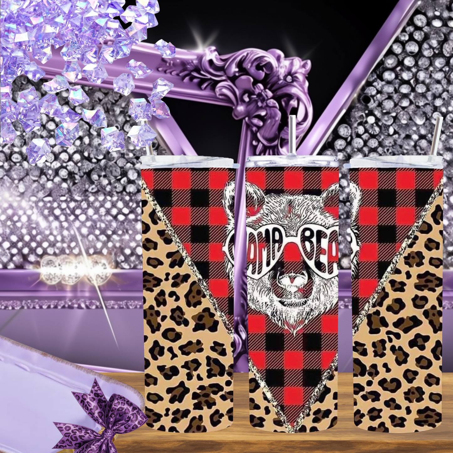 Mama Bear Tumbler 20 oz – Buffalo Plaid & Leopard Skinny Cup for Moms, Rustic Red Christmas Tumbler with Bear Graphic