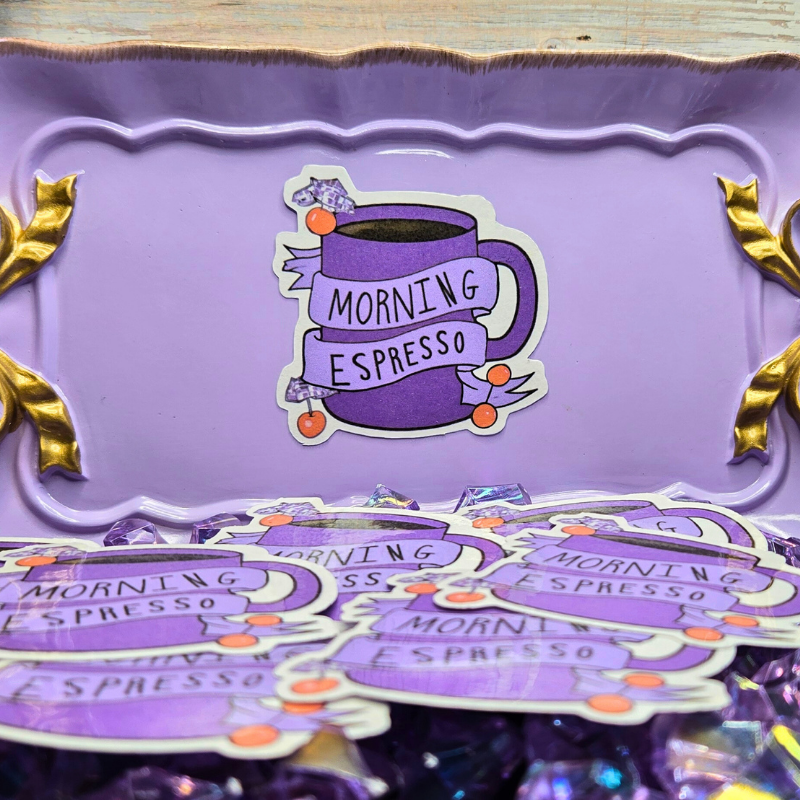 Start Your Day Right with a Purple Morning Espresso Sticker - Perfect 2x2 Inch Decal for Coffee Lovers