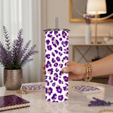 Purple Leopard Print 20 oz Stainless Steel Tumbler showing purple leopard print tumbler artwork with insulated stainless steel tumbler, reusable travel cup, made to order, product