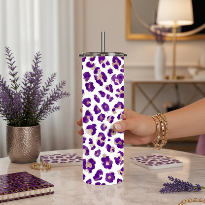 Purple Leopard Print 20 oz Stainless Steel Tumbler showing purple leopard print tumbler artwork with insulated stainless steel tumbler, reusable travel cup, made to order, product