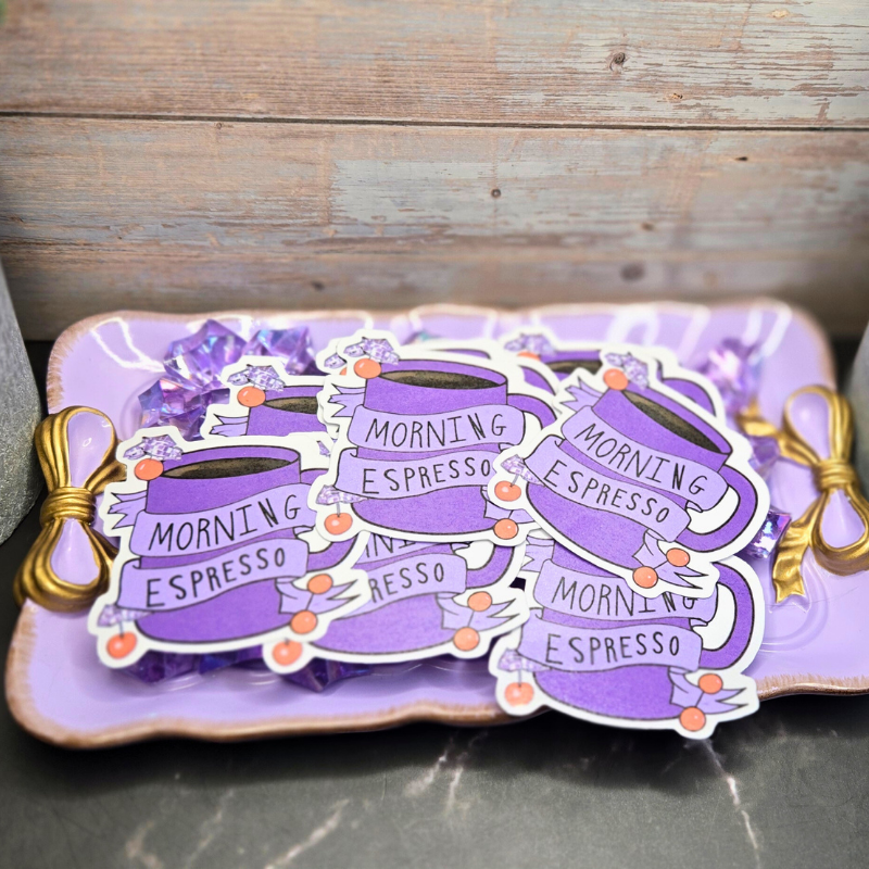 Start Your Day Right with a Purple Morning Espresso Sticker - Perfect 2x2 Inch Decal for Coffee Lovers
