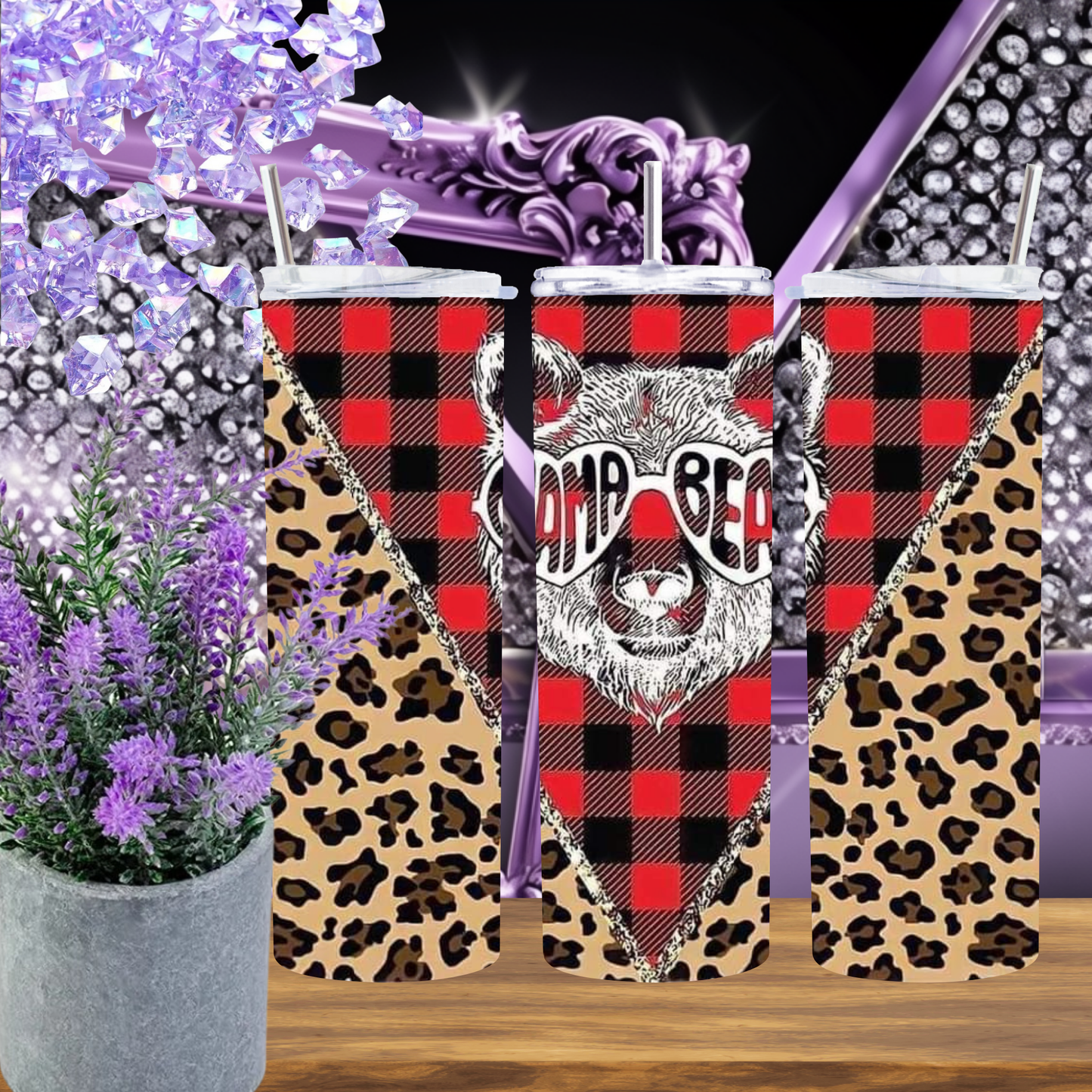 Mama Bear Tumbler 20 oz – Buffalo Plaid & Leopard Skinny Cup for Moms, Rustic Red Christmas Tumbler with Bear Graphic