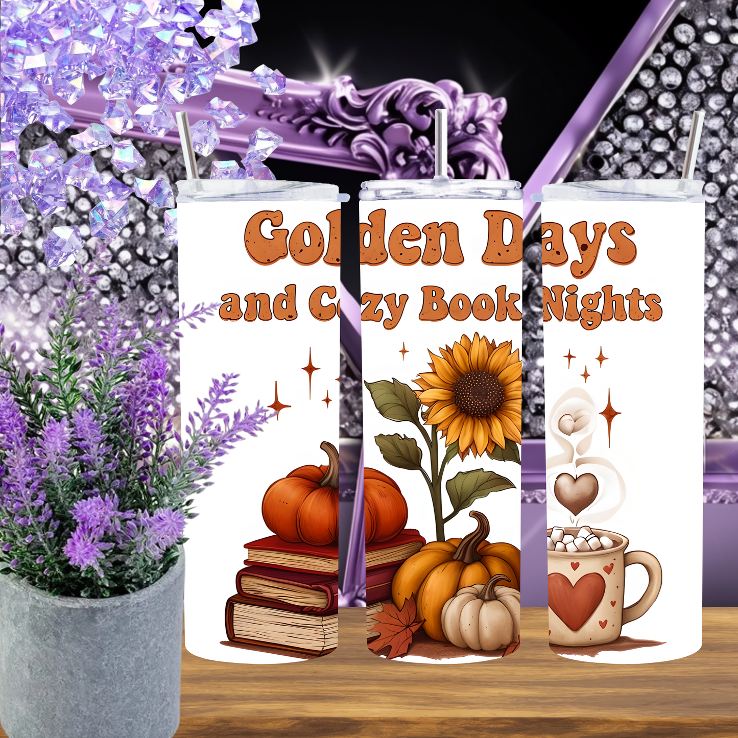 Golden Days & Cozy Book Nights 20oz Skinny Tumbler, Book Lover Fall Mug, Autumn Aesthetic Drinkware, Physical Tumbler for Readers