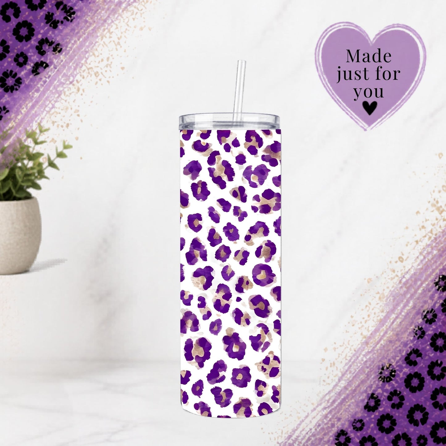 Purple Leopard Print 20oz Tumbler Amethyst Cheetah Stainless Steel Cup Handmade Lavender Aesthetic Drinkware Gift with straw