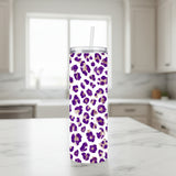 Purple Leopard Print 20 oz Stainless Steel Tumbler showing purple leopard print tumbler artwork with insulated stainless steel tumbler, reusable travel cup, made to order