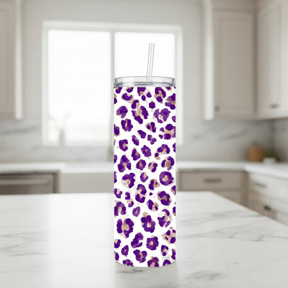 Purple Leopard Print 20 oz Stainless Steel Tumbler showing purple leopard print tumbler artwork with insulated stainless steel tumbler, reusable travel cup, made to order