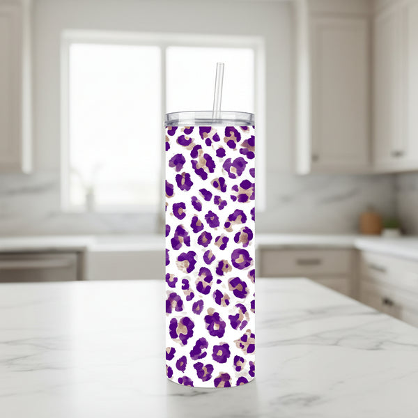 Purple Leopard Print 20 oz Stainless Steel Tumbler showing purple leopard print tumbler artwork with insulated stainless steel tumbler, reusable travel cup, made to order