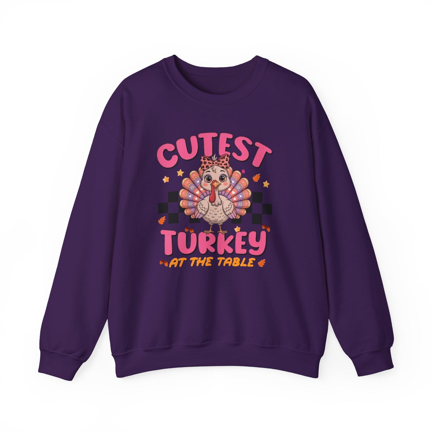Chic Retro Turkey Thanksgiving Sweatshirt: Cutest At The Table – Cozy Crewneck in Purple, Pink, & More Colors for Holiday Family Gatherings