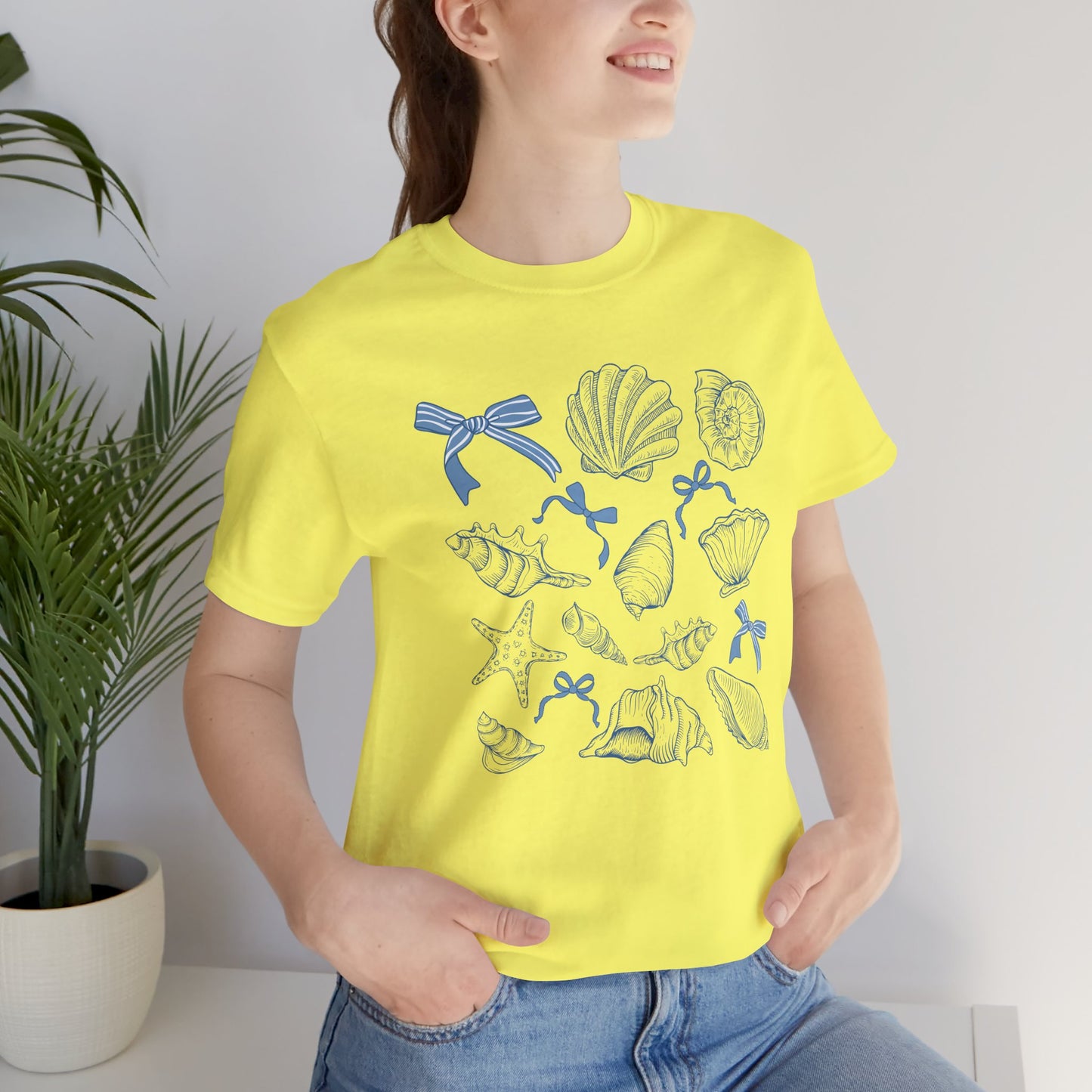 Elegant Seashells with Blue Bows T-Shirt - Coastal Style Graphic Tee for Women - Unique Nautical Fashion