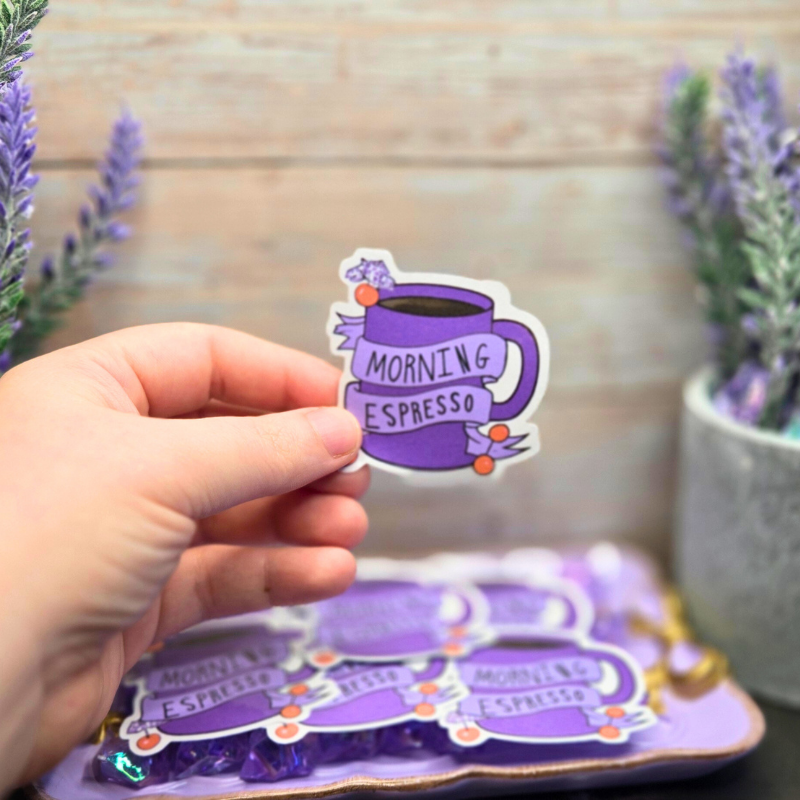 Start Your Day Right with a Purple Morning Espresso Sticker - Perfect 2x2 Inch Decal for Coffee Lovers