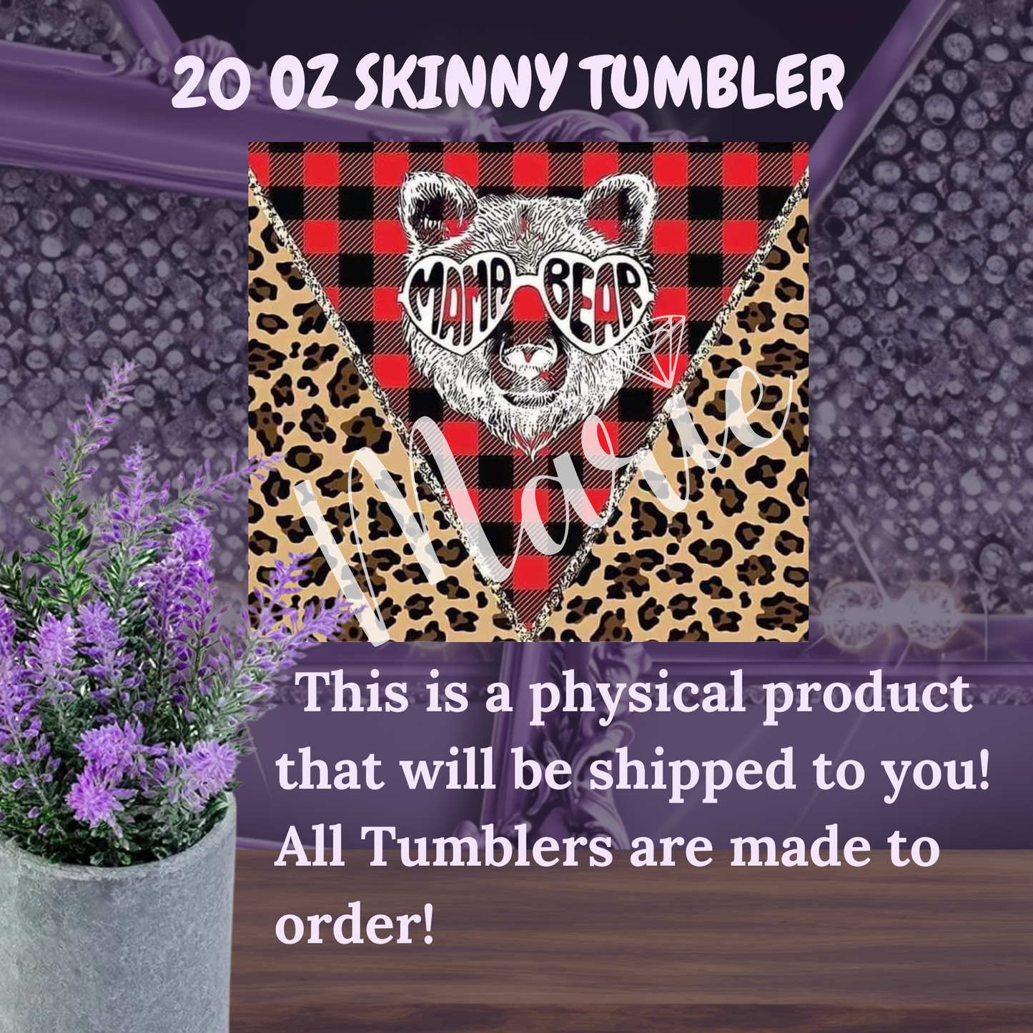 Mama Bear Tumbler 20 oz – Buffalo Plaid & Leopard Skinny Cup for Moms, Rustic Red Christmas Tumbler with Bear Graphic