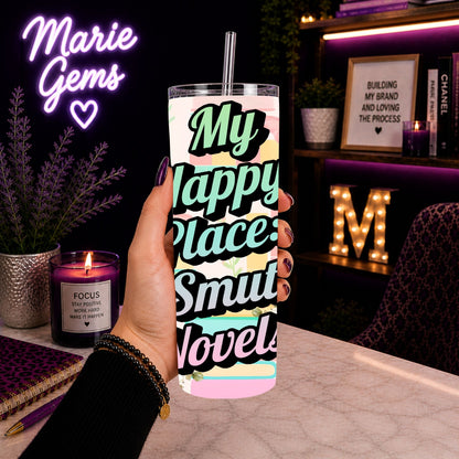 Smut Novel Gift-Ready 20 oz Stainless Steel Tumbler showing smut novel tumbler artwork with insulated stainless steel tumbler, funny book lover cup, reusable travel cup, product