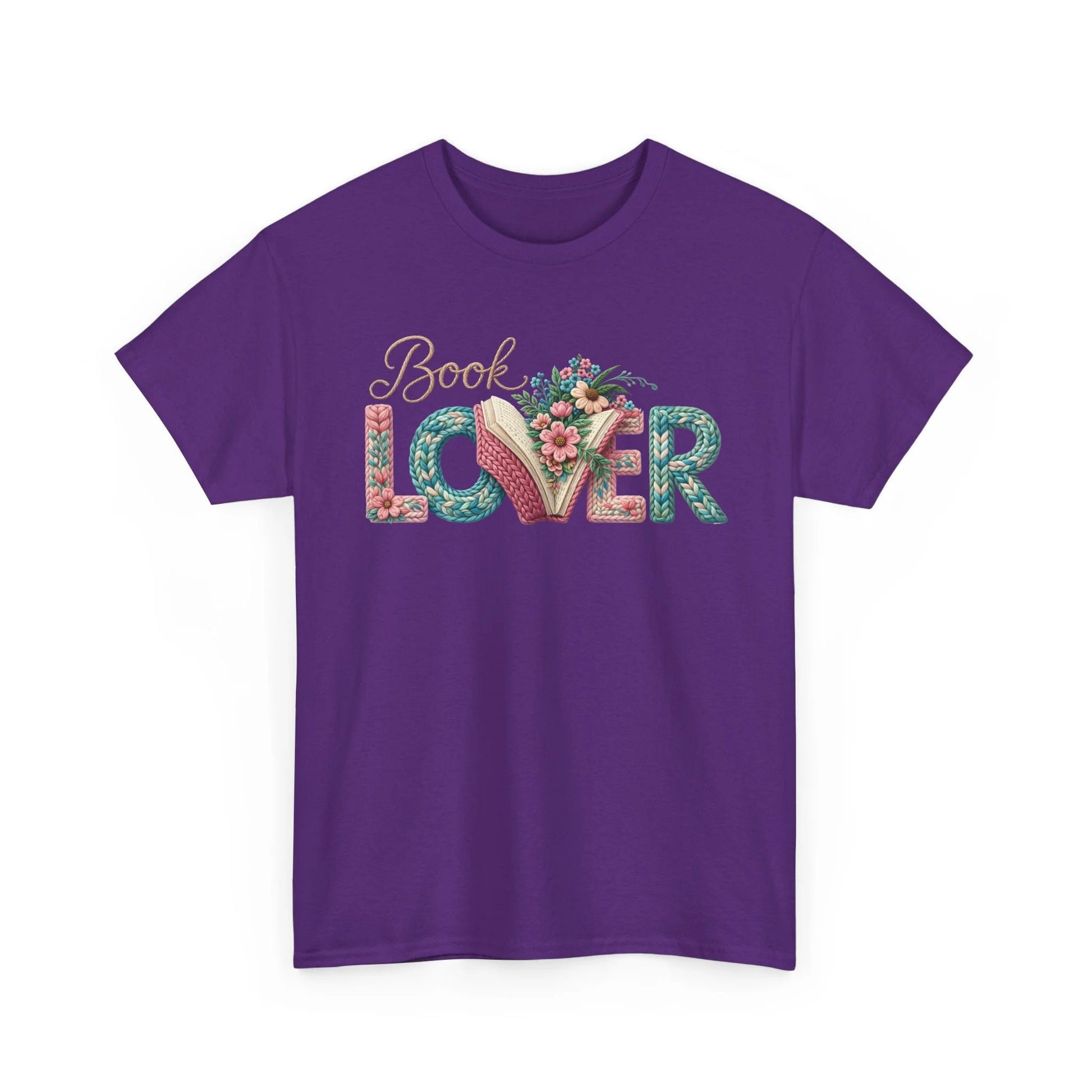 Purple T-shirt with floral 'Book Lover' lettering and an open-book motif.