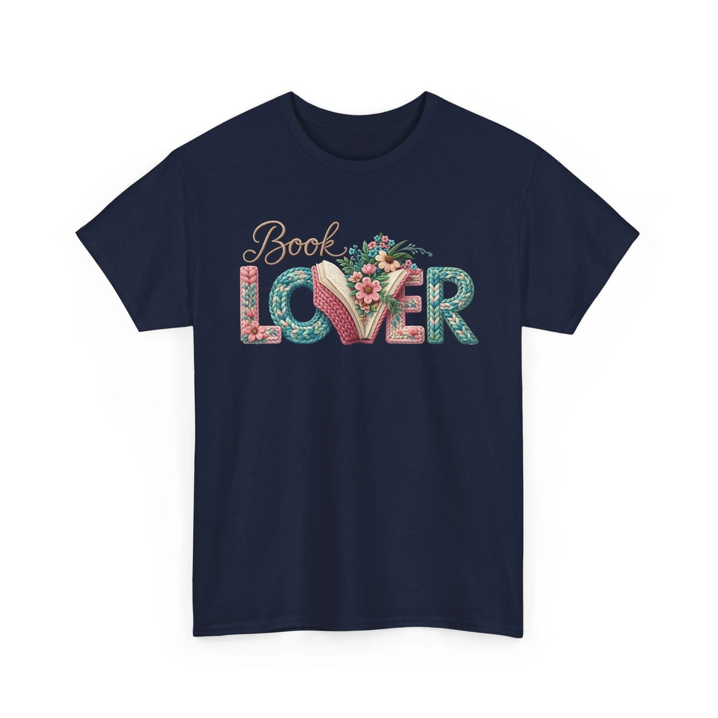 Soft navy cotton T-shirt with delicate floral Book Lover typography and open-book motif.