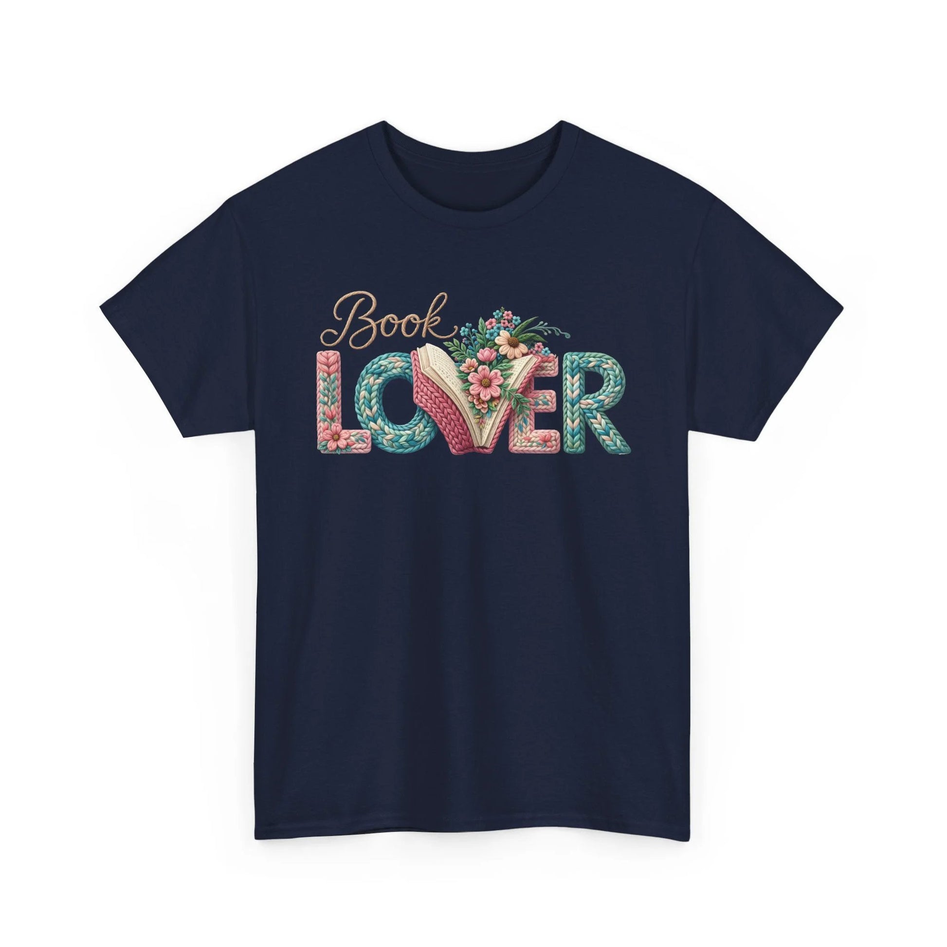 Soft navy cotton T-shirt with delicate floral Book Lover typography and open-book motif.