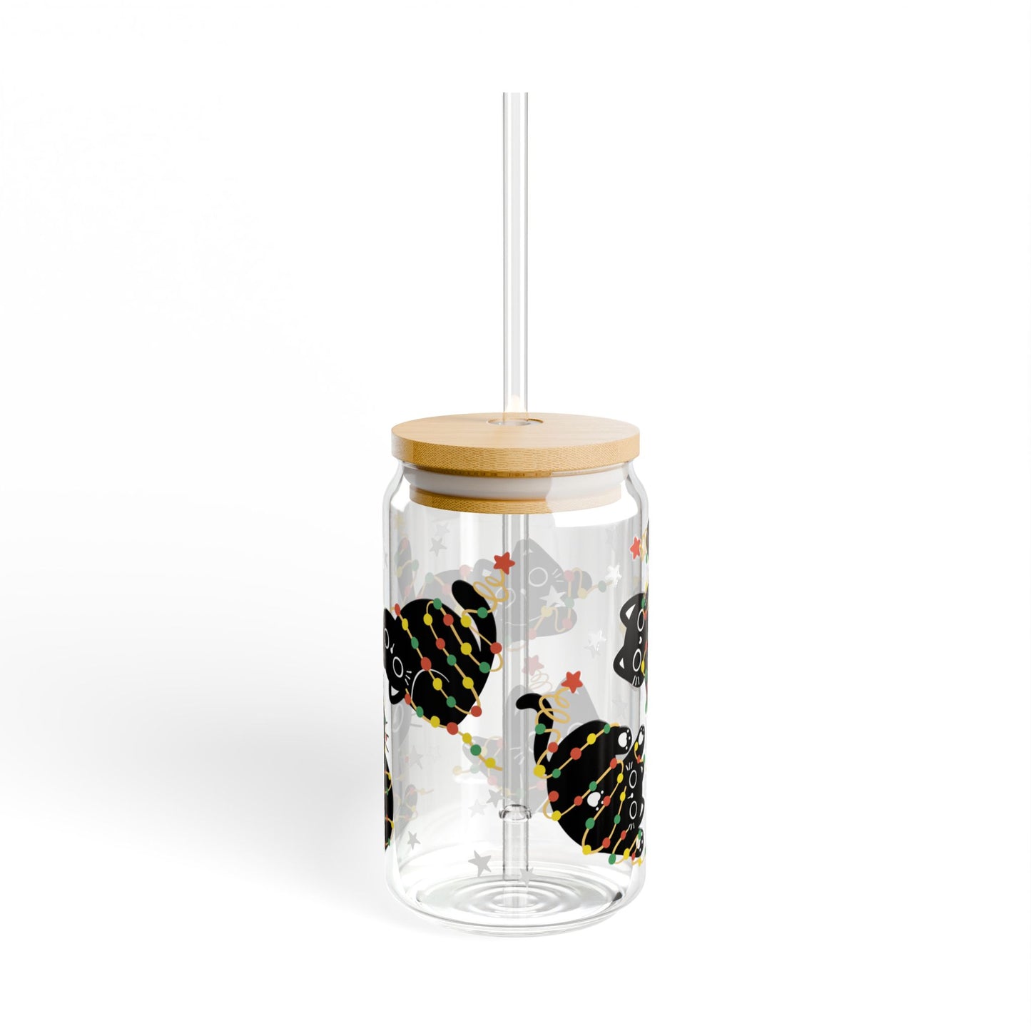 Tangled Christmas Cat Libbey Glass Can Cup 16oz – Funny Holiday Cat Tumbler with Lid & Straw, Cute Gift for Cat Lovers