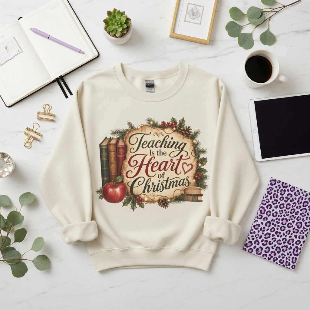 Teaching Is the Heart of Christmas teacher sweatshirt folded mockup