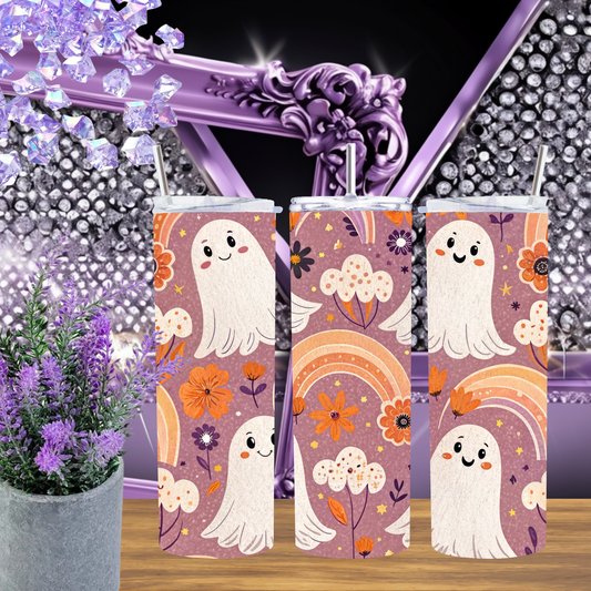 Cute Ghost Rainbow 20oz Skinny Tumbler, Spooky Season Drinkware, Ghost Lover Physical Tumbler, Made to Order Halloween Cup