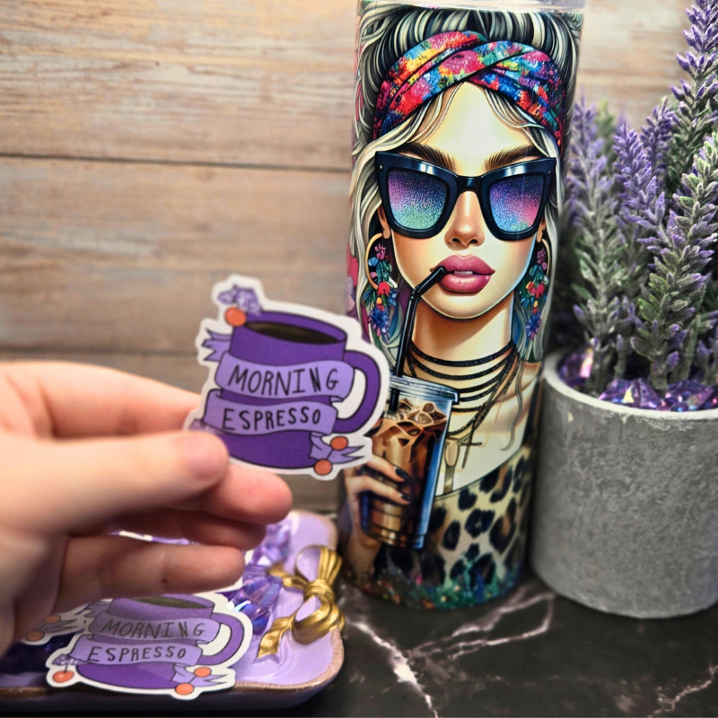 Start Your Day Right with a Purple Morning Espresso Sticker - Perfect 2x2 Inch Decal for Coffee Lovers