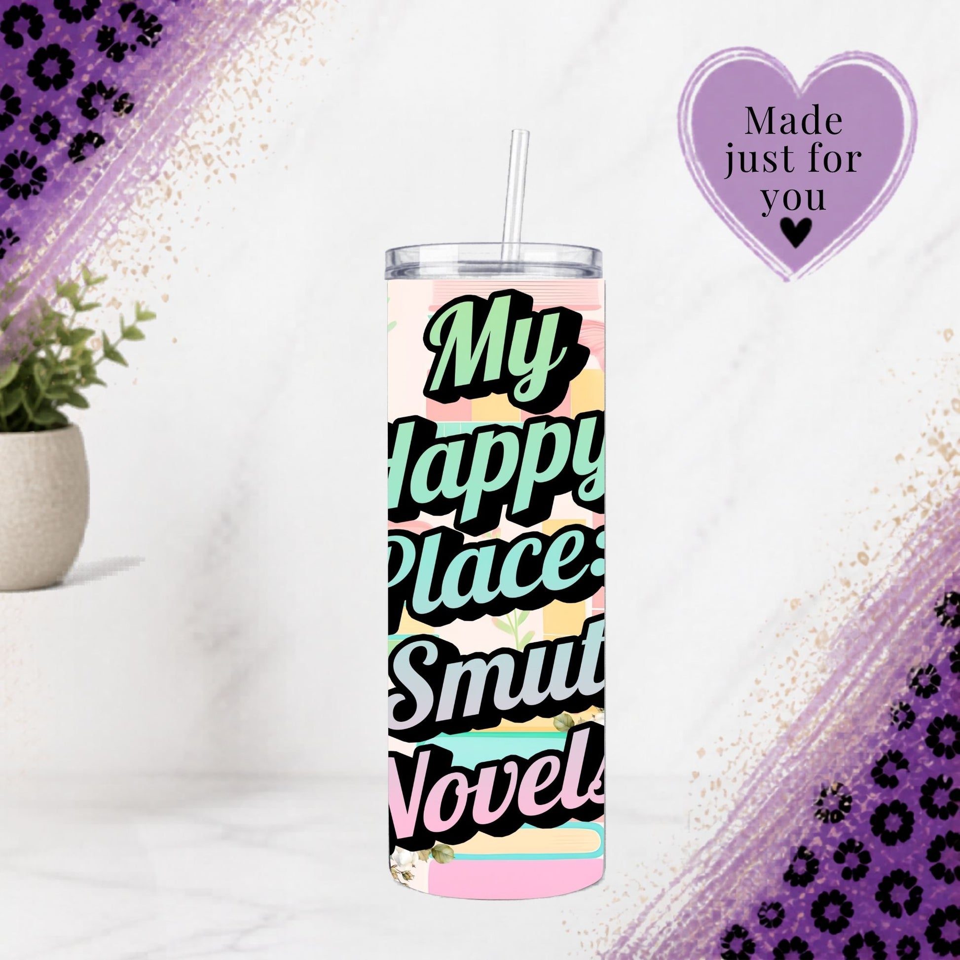 Smut Novel Tumbler | My Happy Place Spicy Reader Cup with pastel floral background and clear straw in bright setting
