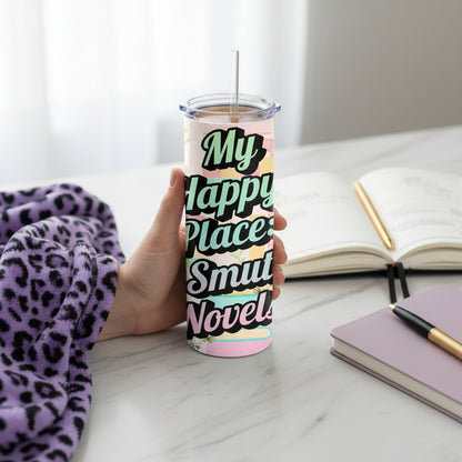 Smut Novel Gift-Ready 20 oz Stainless Steel Tumbler showing smut novel tumbler artwork with insulated stainless steel tumbler, funny book lover cup, reusable travel cup