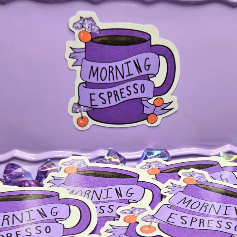 Start Your Day Right with a Purple Morning Espresso Sticker - Perfect 2x2 Inch Decal for Coffee Lovers