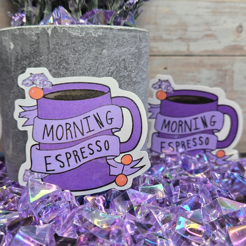 Start Your Day Right with a Purple Morning Espresso Sticker - Perfect 2x2 Inch Decal for Coffee Lovers