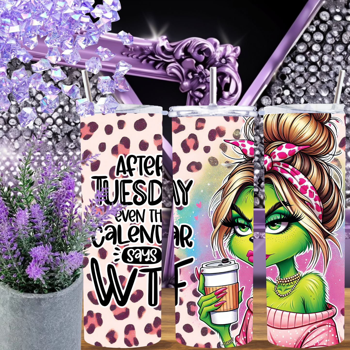 Funny Grinch Girl Tumbler 20 oz – After Tuesday WTF Quote Cup, Leopard Print Coffee Tumbler, Sassy Skinny Cup Gift for Her
