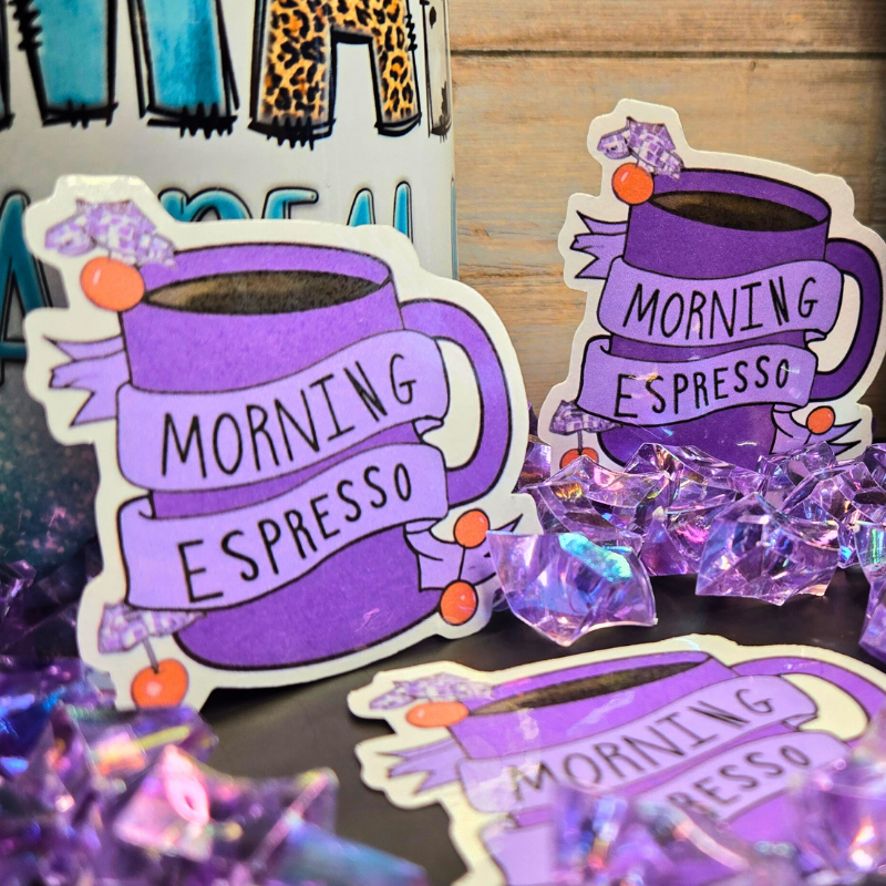 Start Your Day Right with a Purple Morning Espresso Sticker - Perfect 2x2 Inch Decal for Coffee Lovers