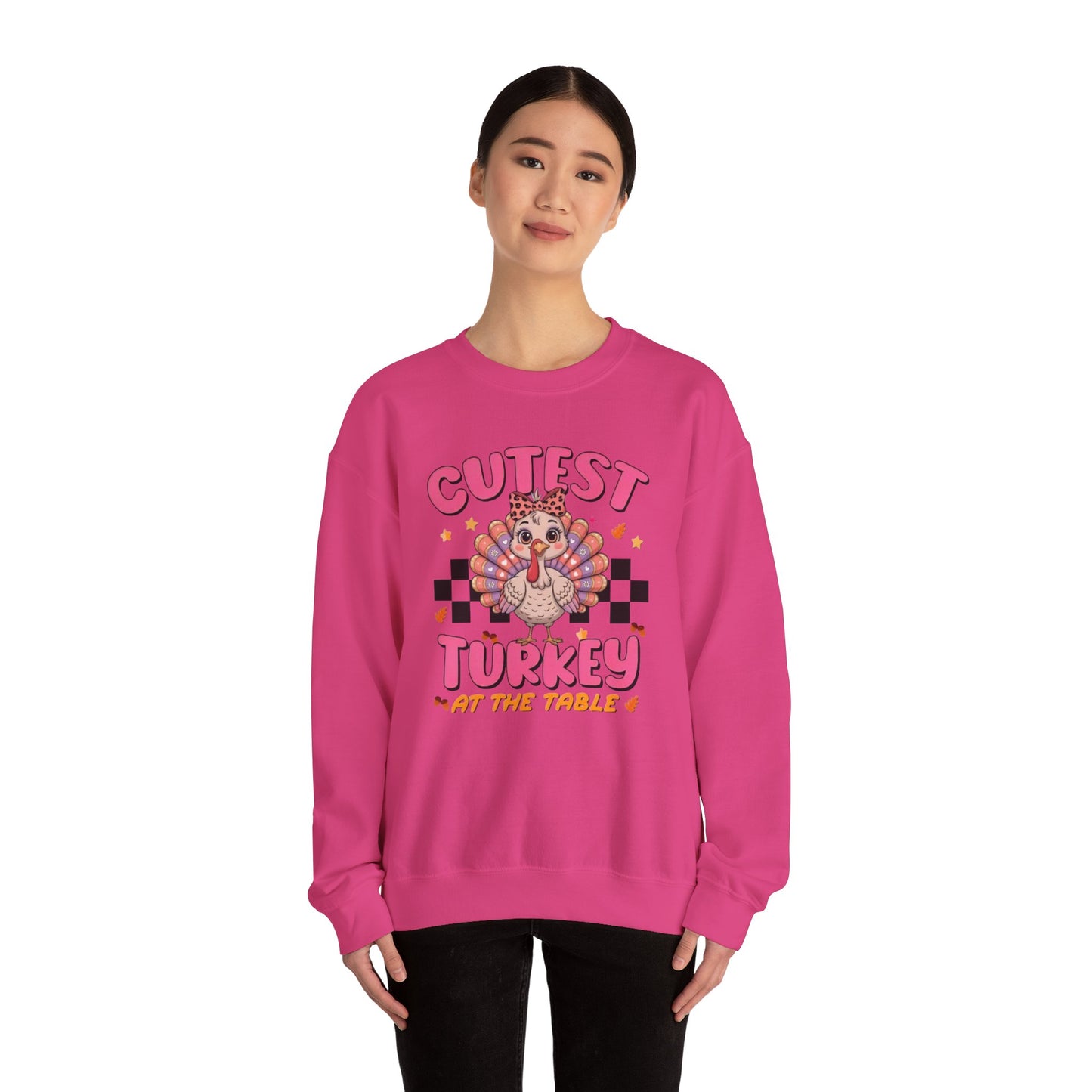 Chic Retro Turkey Thanksgiving Sweatshirt: Cutest At The Table – Cozy Crewneck in Purple, Pink, & More Colors for Holiday Family Gatherings