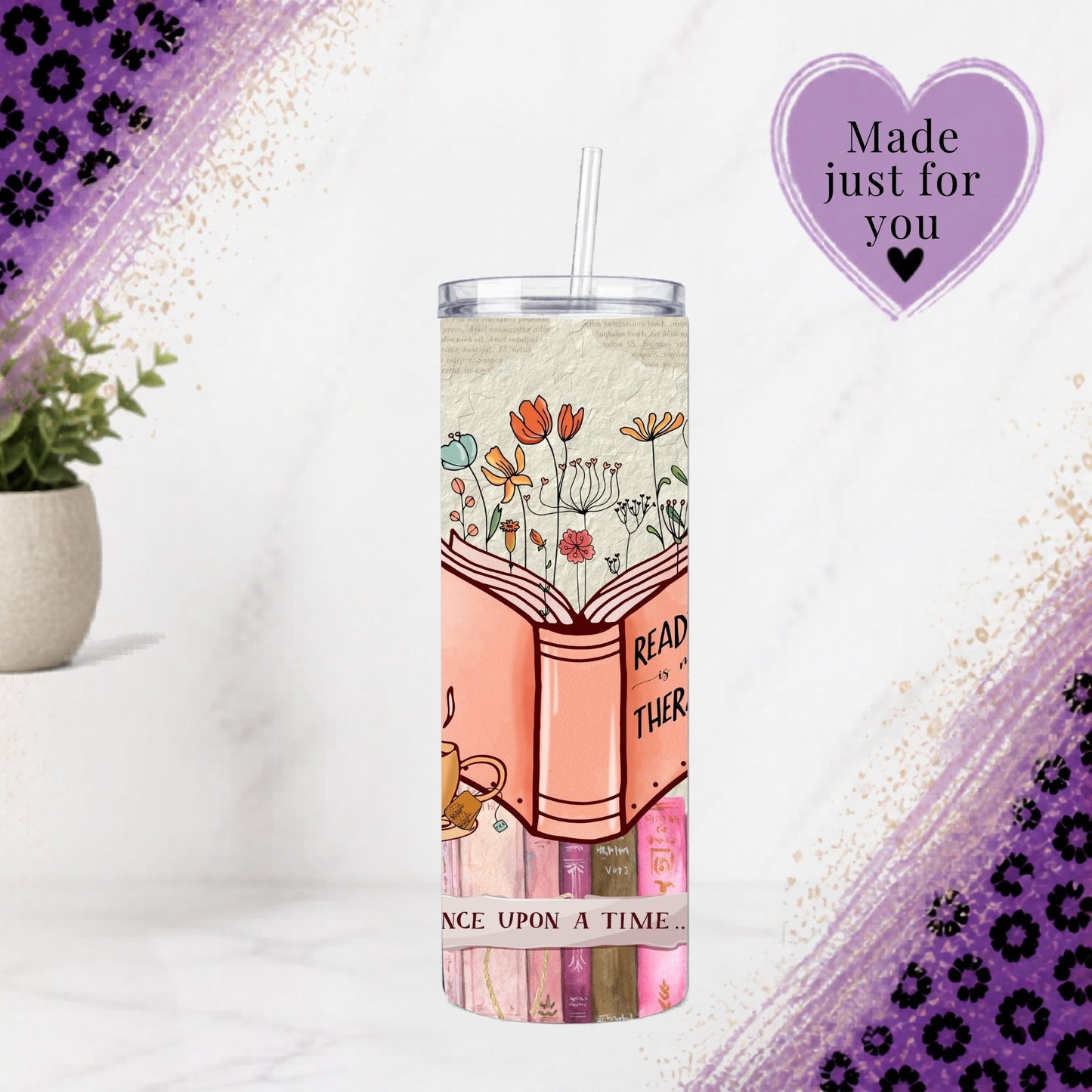 Book Lover Tumbler 20 Oz Skinny Tumbler With Floral Book Art Reading Is Therapy Design Cozy Cottagecore Coffee Cup Gift with straw