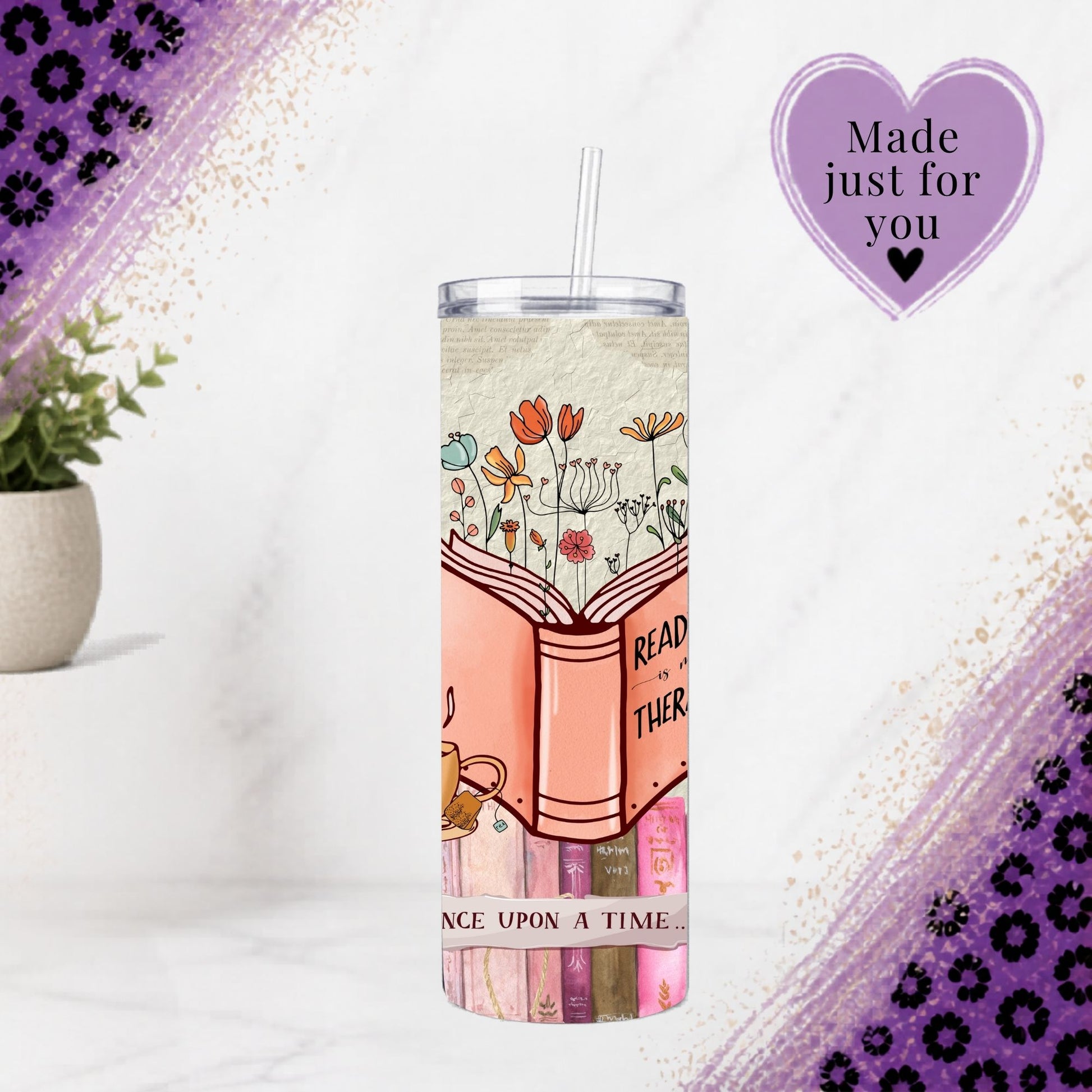 Book Lover Tumbler 20 Oz Skinny Tumbler With Floral Book Art Reading Is Therapy Design Cozy Cottagecore Coffee Cup Gift with straw