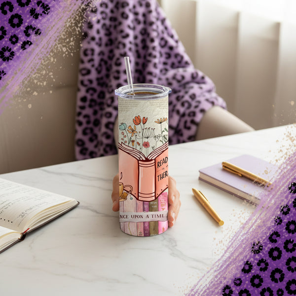 Floral Book Lover Handmade 20 oz Stainless Steel Tumbler showing floral book lover tumbler artwork with floral book lover tumbler, gift for book lover, 20oz reading tumbler