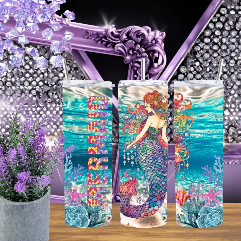 Stained Glass Mermaid 20oz Tumbler • Ocean Fantasy Stainless Steel Cup • Colorful Mythical Siren Gift • Handmade Under the Sea Aesthetic Drinkware by Marie Gems