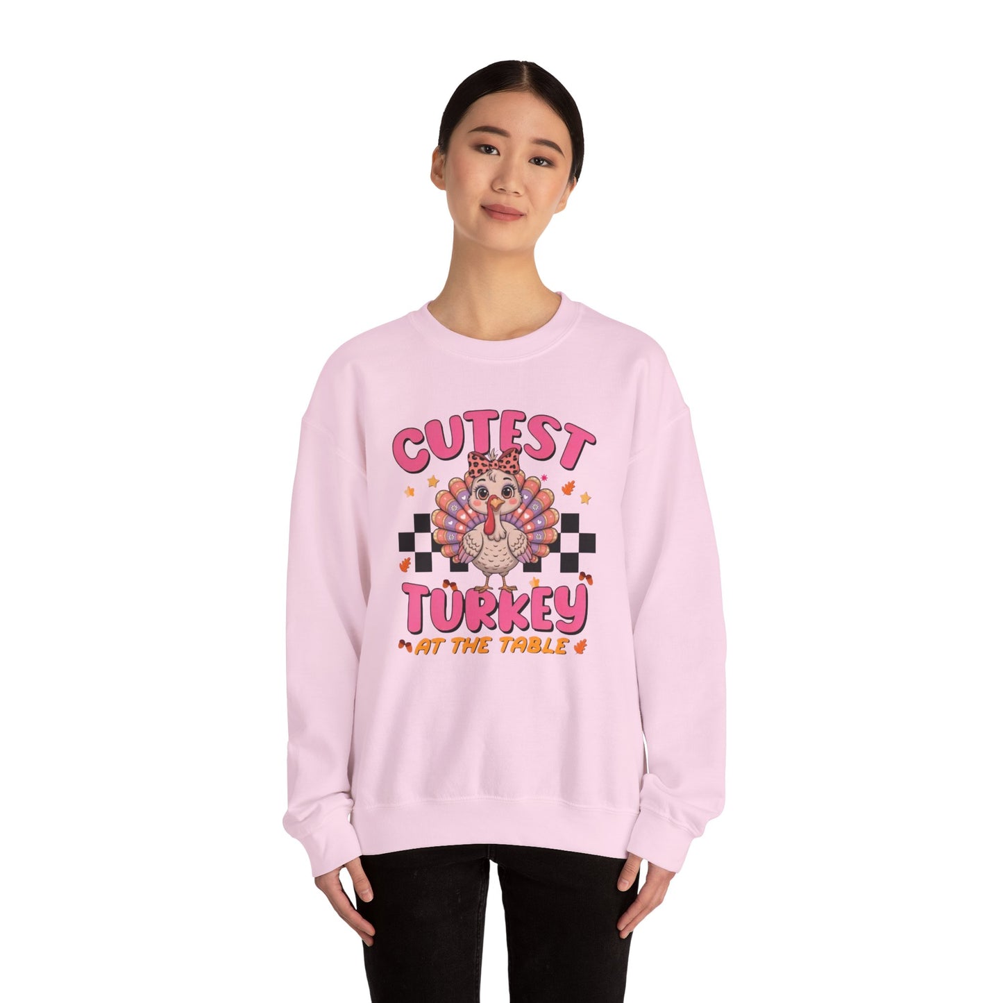 Chic Retro Turkey Thanksgiving Sweatshirt: Cutest At The Table – Cozy Crewneck in Purple, Pink, & More Colors for Holiday Family Gatherings