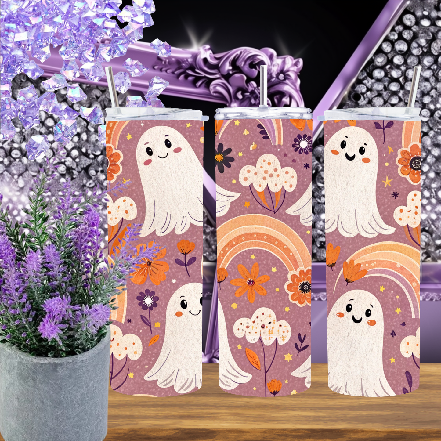 Cute Ghost Rainbow 20oz Skinny Tumbler, Spooky Season Drinkware, Ghost Lover Physical Tumbler, Made to Order Halloween Cup