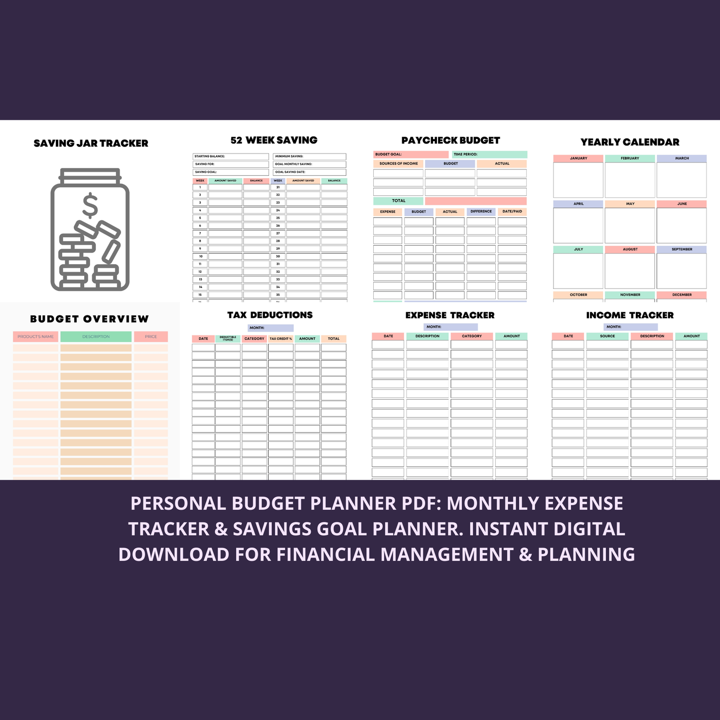Personal Budget Planner PDF: Monthly Expense Tracker & Savings Goal Planner. Instant Digital Download for Financial Management & Planning