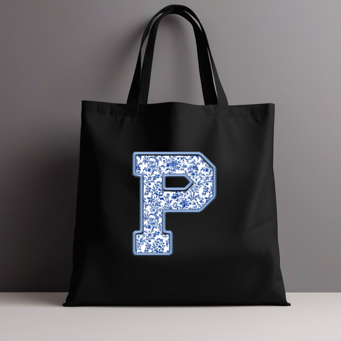 Personalized Chinoiserie Letter Tote Bag - Elegant Initial Design on Black Canvas (15x16)