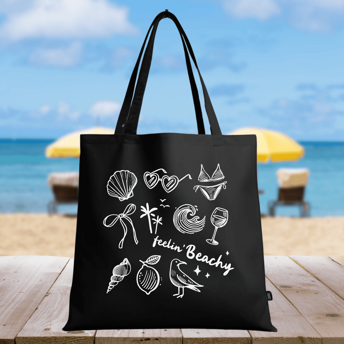 Black Canvas Tote Bag with "Feelin' Beachy" Design - Large 15x16 inch Reusable Shopping Bag