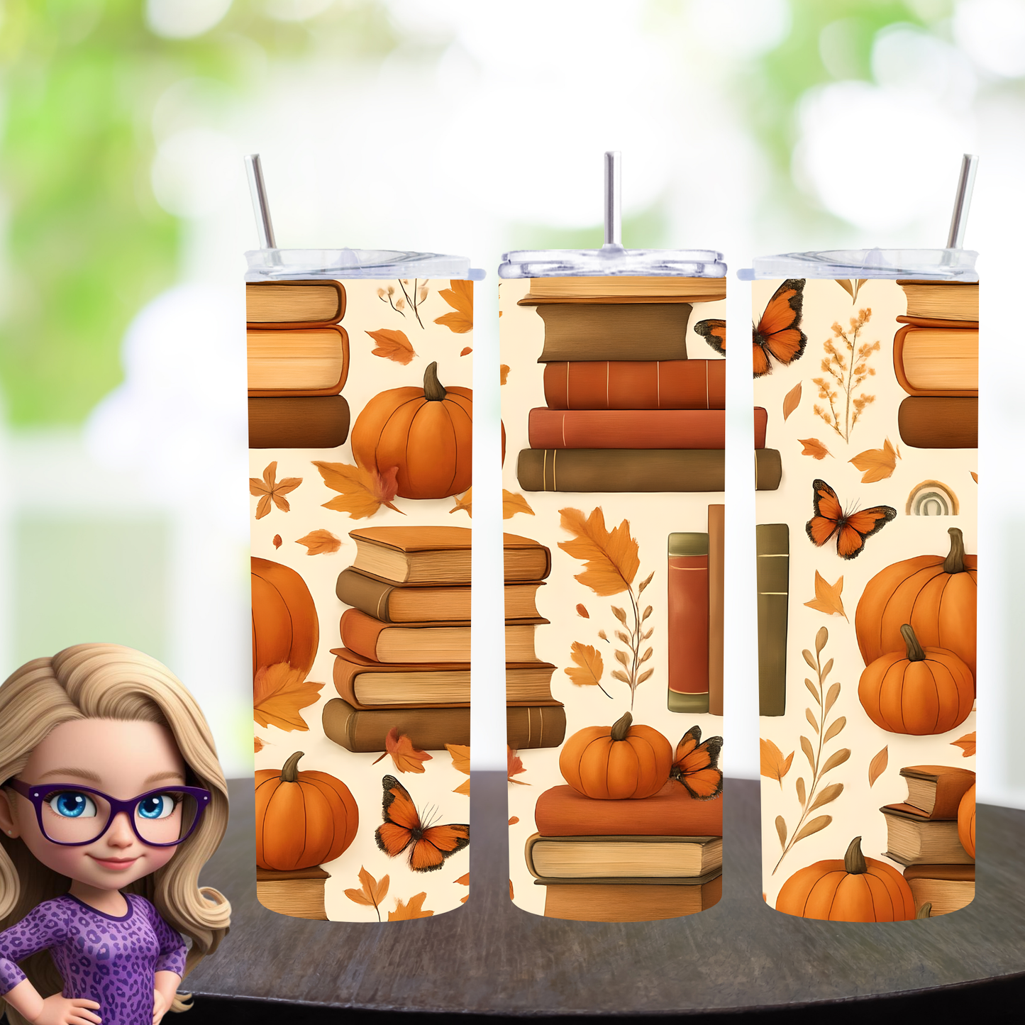 Autumn Books 20oz Skinny Tumbler, Fall Pumpkin and Butterfly Design, Book Lover Gift, Fall Aesthetic Drinkware, Physical Tumbler