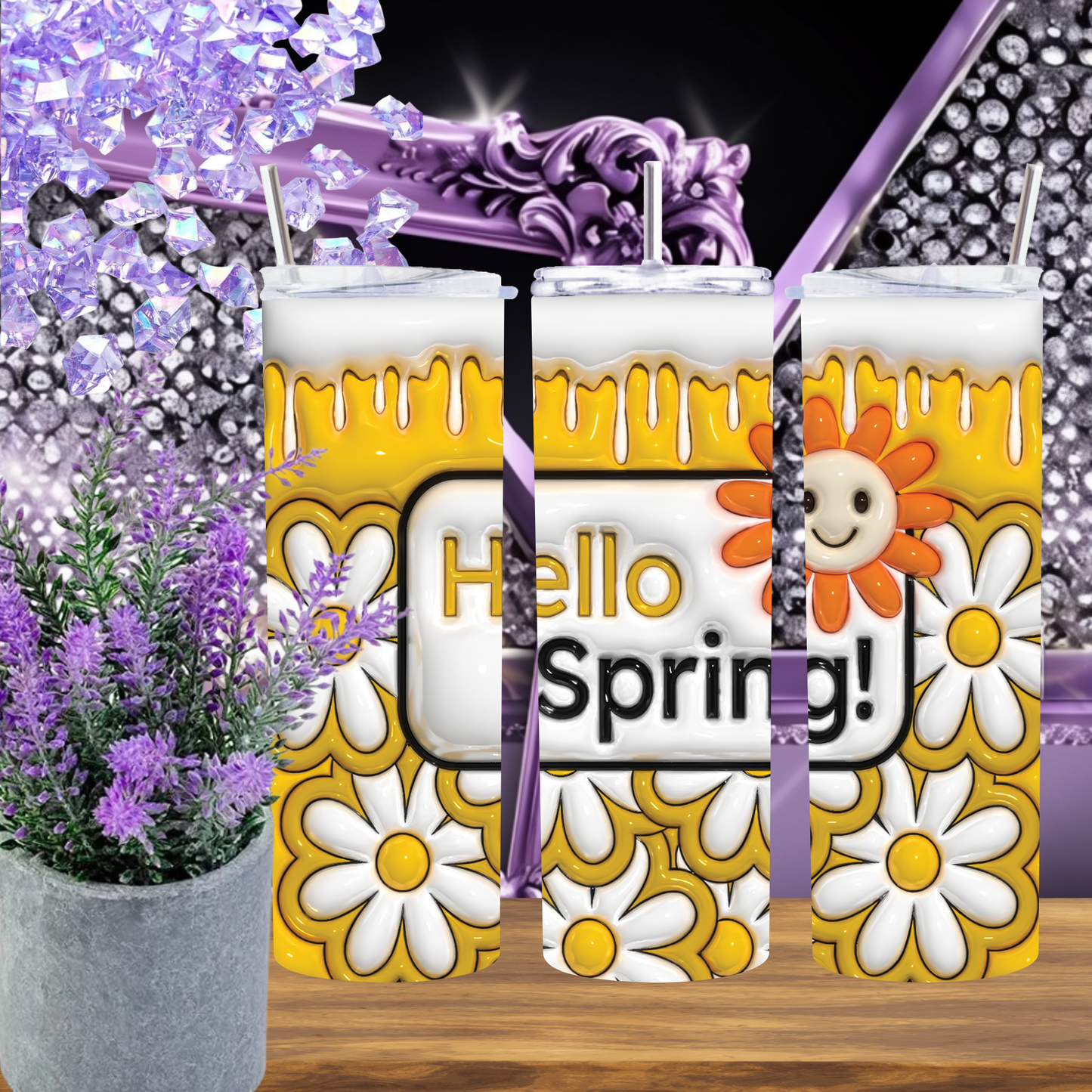 Hello Spring Tumbler 20 oz – Daisy Floral Skinny Tumbler with Honey Drip Design, Double Wall Insulated Cup with Straw, Spring Gift for Her
