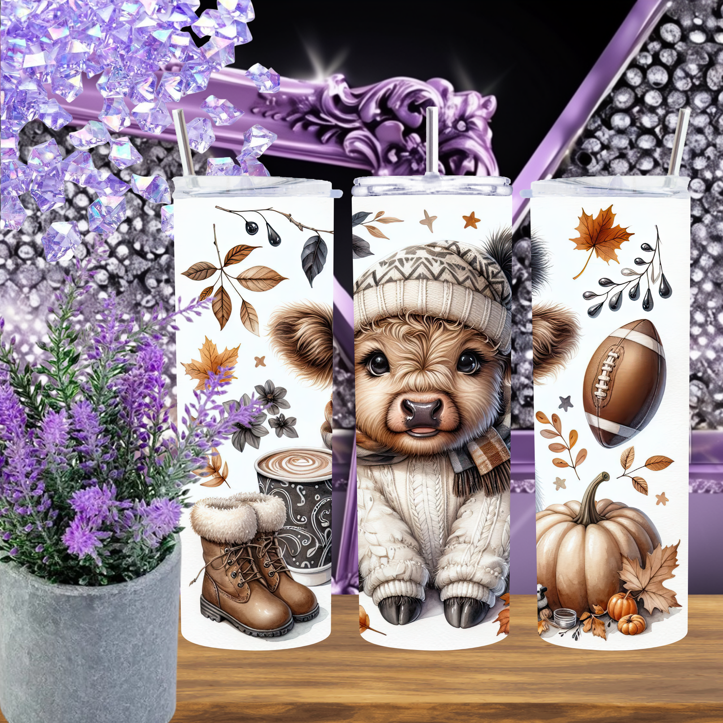 Cozy Highland Cow Autumn Fall 20oz Skinny Tumbler, Baby Cow in Beanie, Pumpkin Spice Season, Football Season, Fall Aesthetic Gift for Her