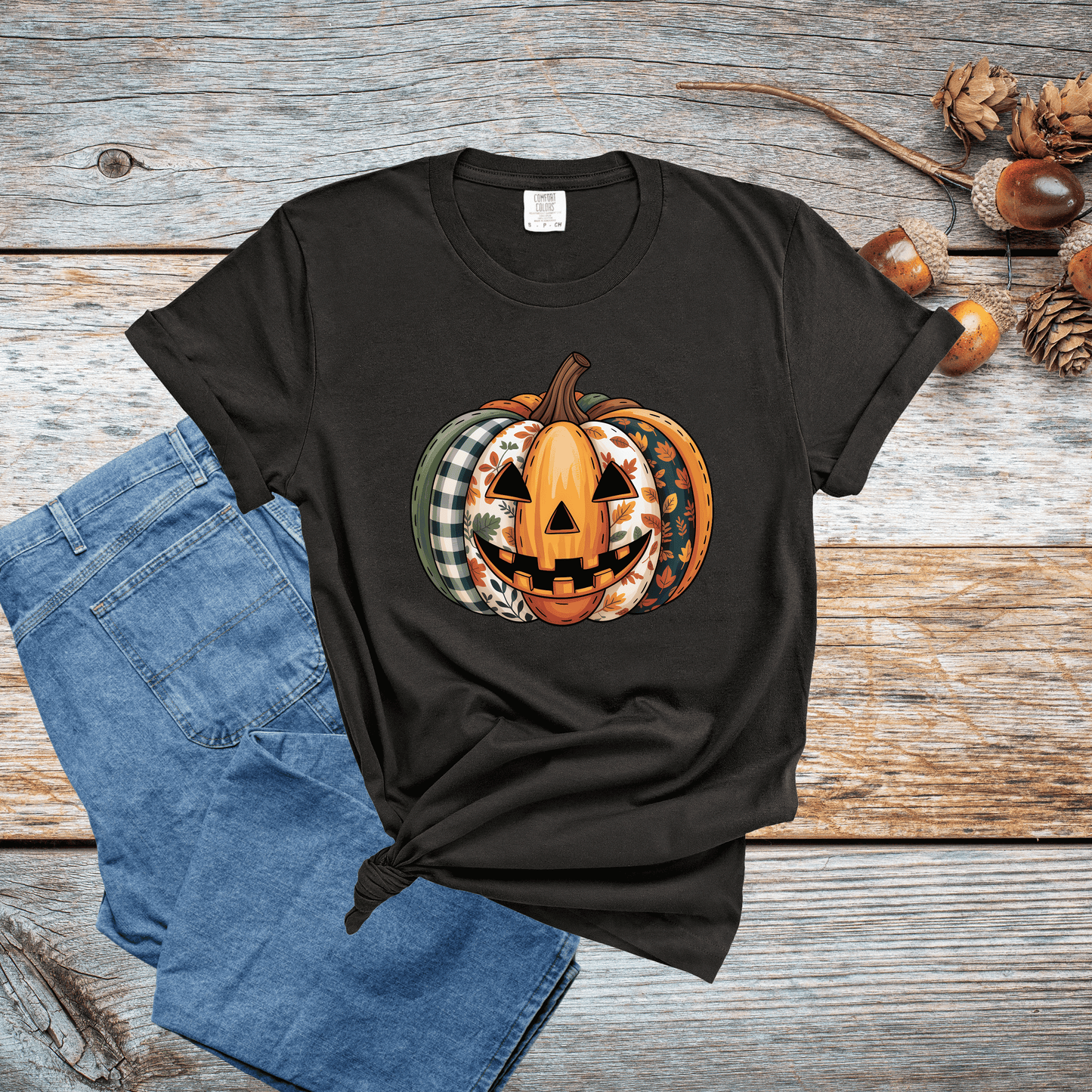 Patchwork Jack-o'-Lantern Comfort Colors T-shirt - Fun Fall Graphic Tee