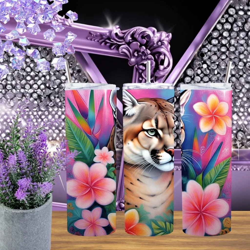20oz Tropical Wildcat Tumbler Stainless Steel Cup Handmade Pink Hibiscus Floral Design Gift For Her by Marie Gems