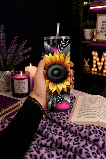 Sunflower Gift-Ready 20 oz Stainless Steel Tumbler showing sunflower tumbler 20oz artwork with insulated stainless steel tumbler, reusable travel cup, made to order, product image