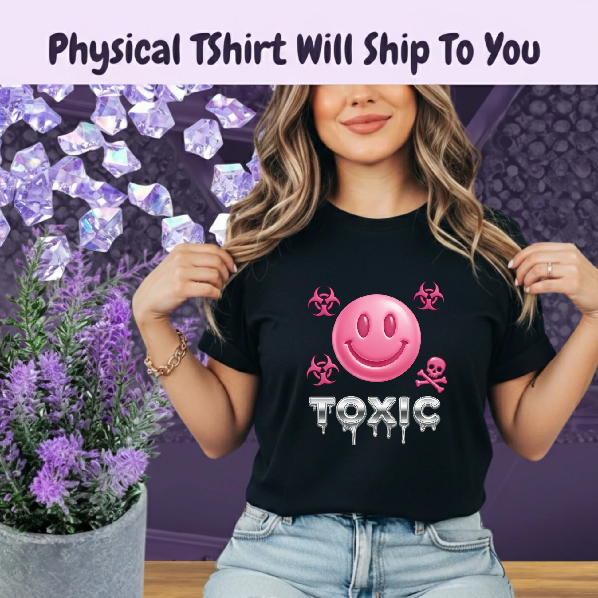 Toxic Smiley Face T Shirt Pink Y2K Cyberpunk Streetwear Tee Unisex Statement Fashion Top by Marie Gems