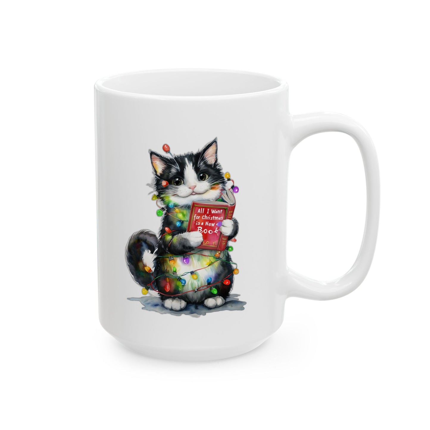 All I Want for Christmas Is a New Book Cat Mug, Christmas Cat Lover Mug, Bookworm Holiday Cup, Funny Holiday Gift, Literary Drinkware